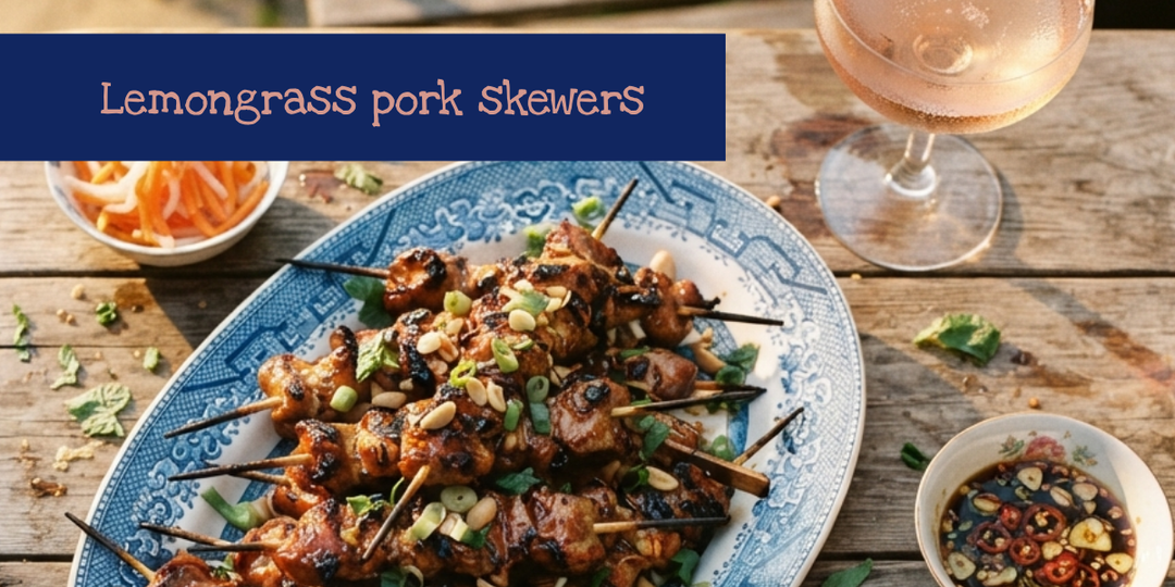 Food Pairing | Bull In A China Shop Scarlett Bubbles Lemongrass Pork Skewers with Pickled Carrot and Nuoc Cham